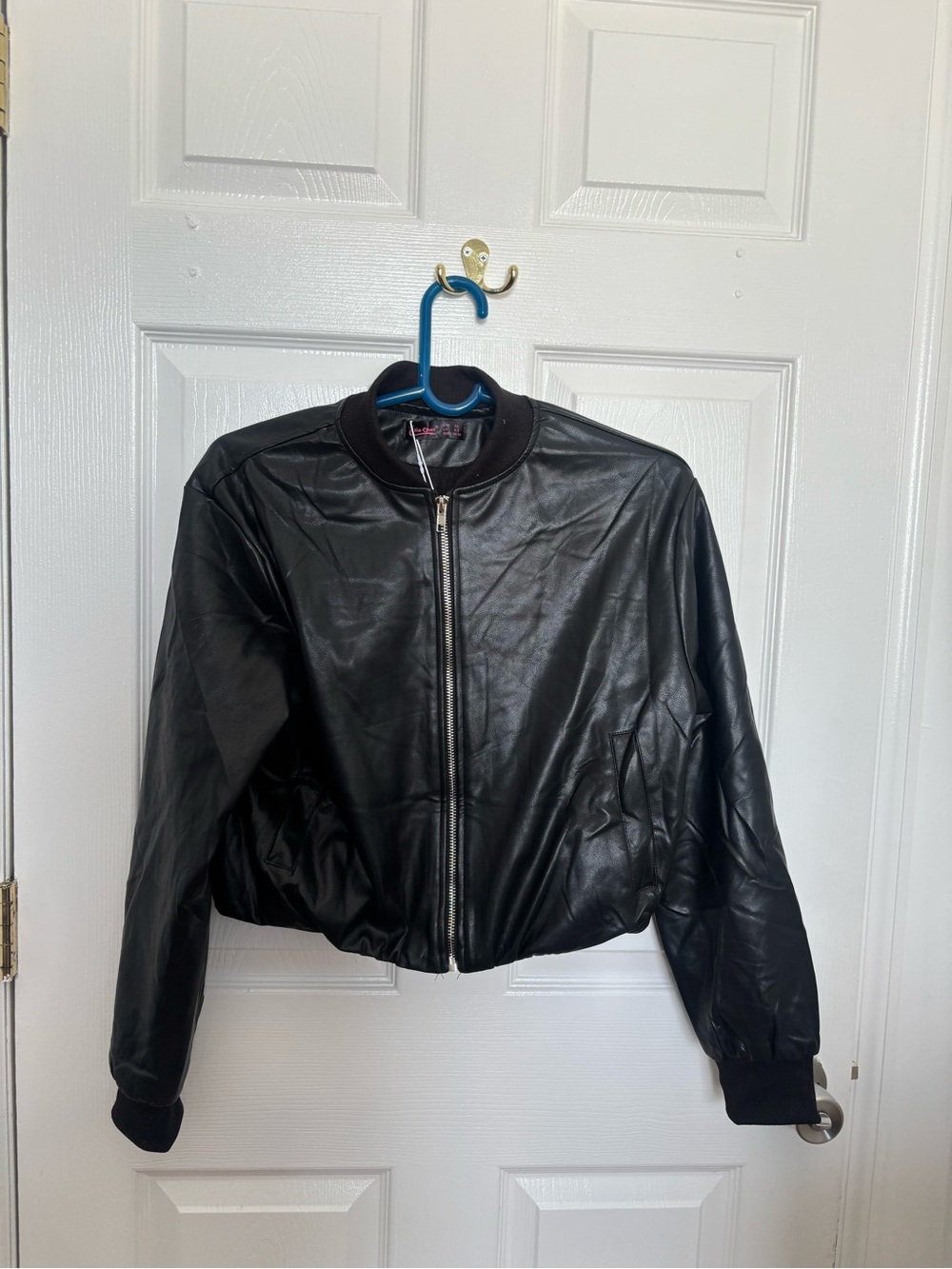 Black Faux Leather Bomber Jacket - Women